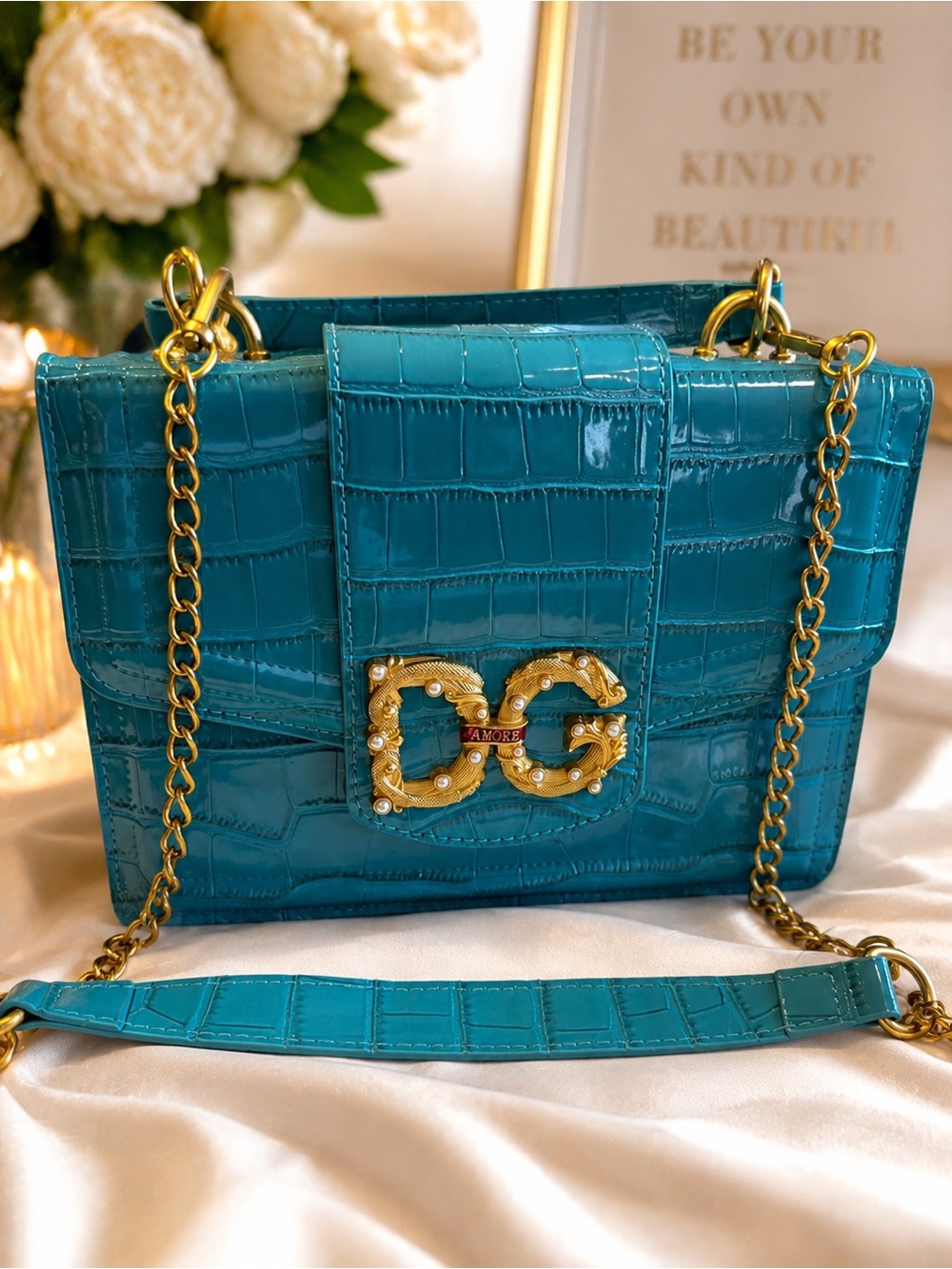 Source Unknown Teal Croc-Embossed Chain Shoulder Bag